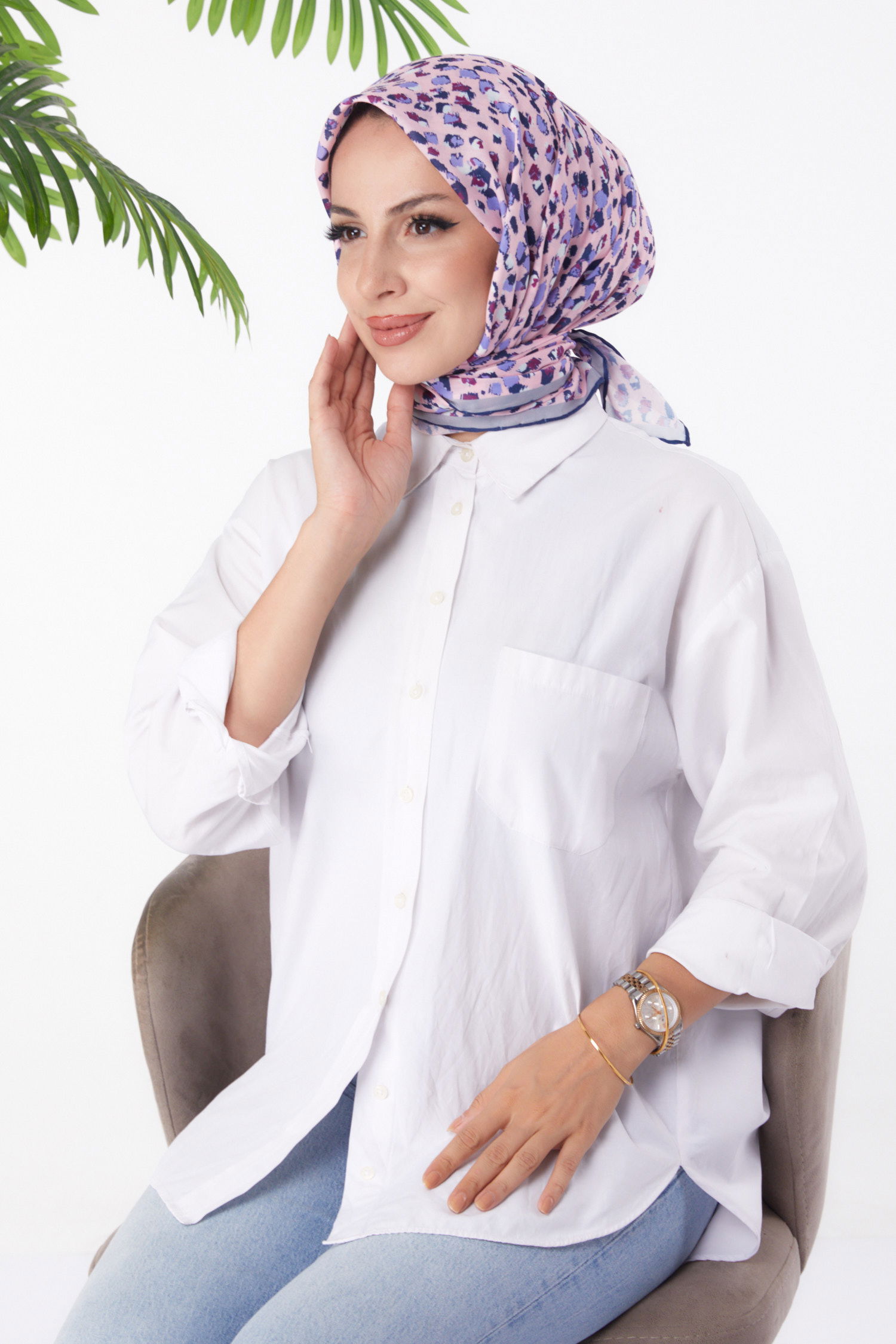 Düz Orta Kadın Lila Desenli Eşarp - 26152 - 2