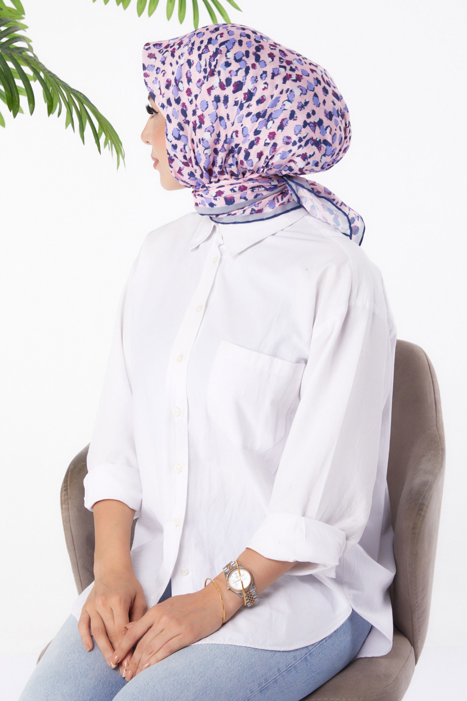 Düz Orta Kadın Lila Desenli Eşarp - 26152 - 3