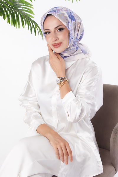 Düz Orta Kadın Lila Desenli Eşarp - 26153 