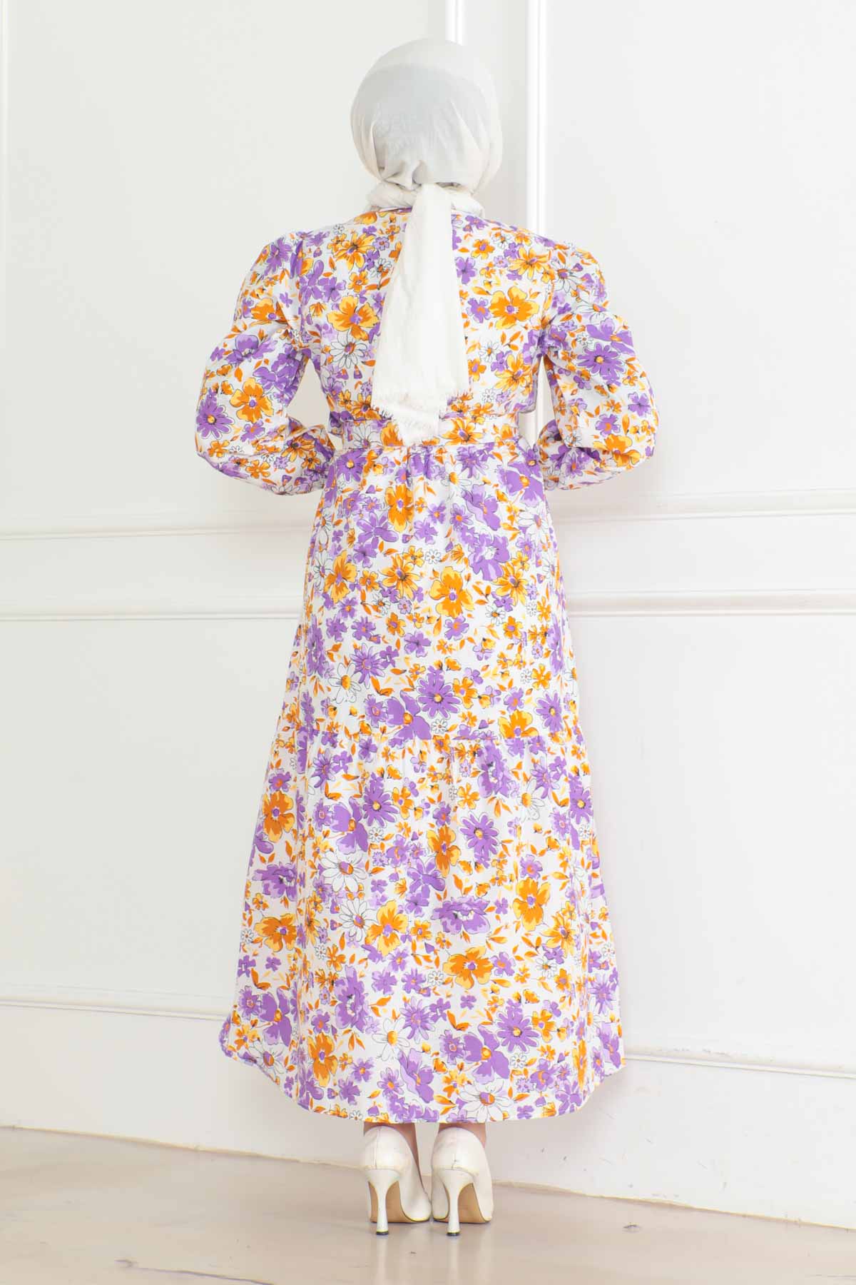 Düz Orta Kadın Lila Desenli Kolu Büzgülü Elbise - 26619 - 4