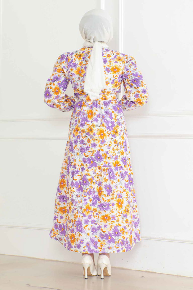 Düz Orta Kadın Lila Desenli Kolu Büzgülü Elbise - 26619 - TOFİSA