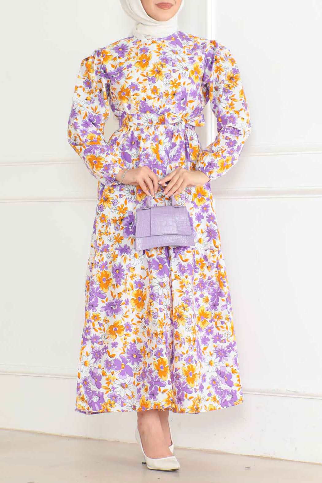 Düz Orta Kadın Lila Desenli Kolu Büzgülü Elbise - 26619 - 2