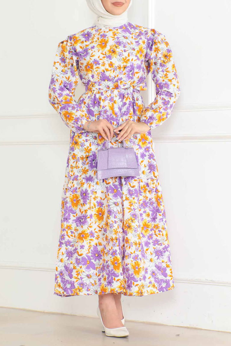 Düz Orta Kadın Lila Desenli Kolu Büzgülü Elbise - 26619 - TOFİSA