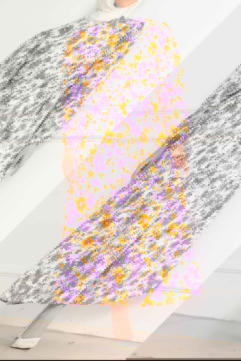 Düz Orta Kadın Lila Desenli Kolu Büzgülü Elbise - 26619 - 1