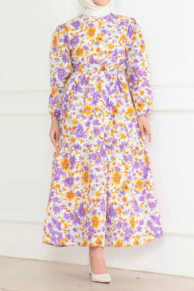 Düz Orta Kadın Lila Desenli Kolu Büzgülü Elbise - 26619 