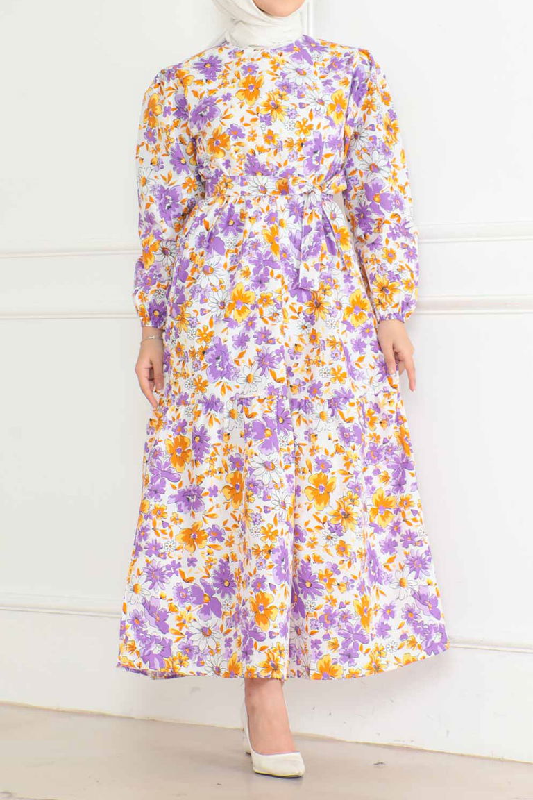 Düz Orta Kadın Lila Desenli Kolu Büzgülü Elbise - 26619 - TOFİSA