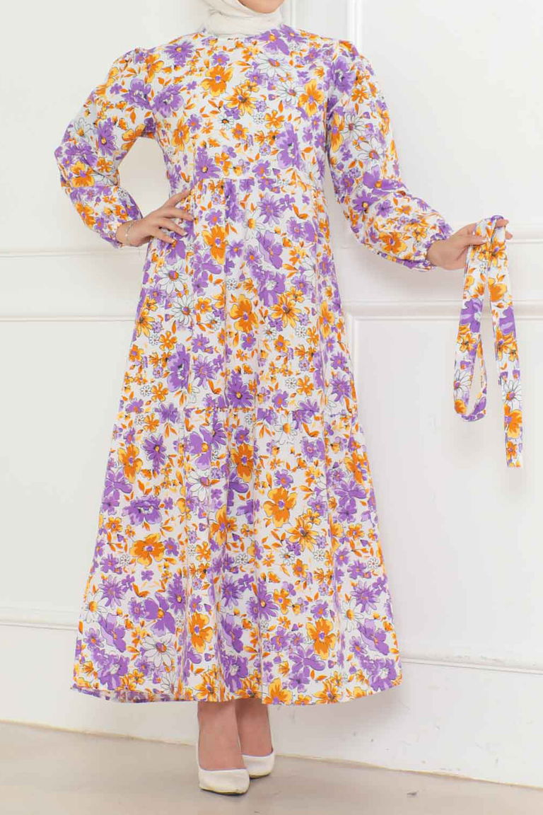 Düz Orta Kadın Lila Desenli Kolu Büzgülü Elbise - 26619 - TOFİSA