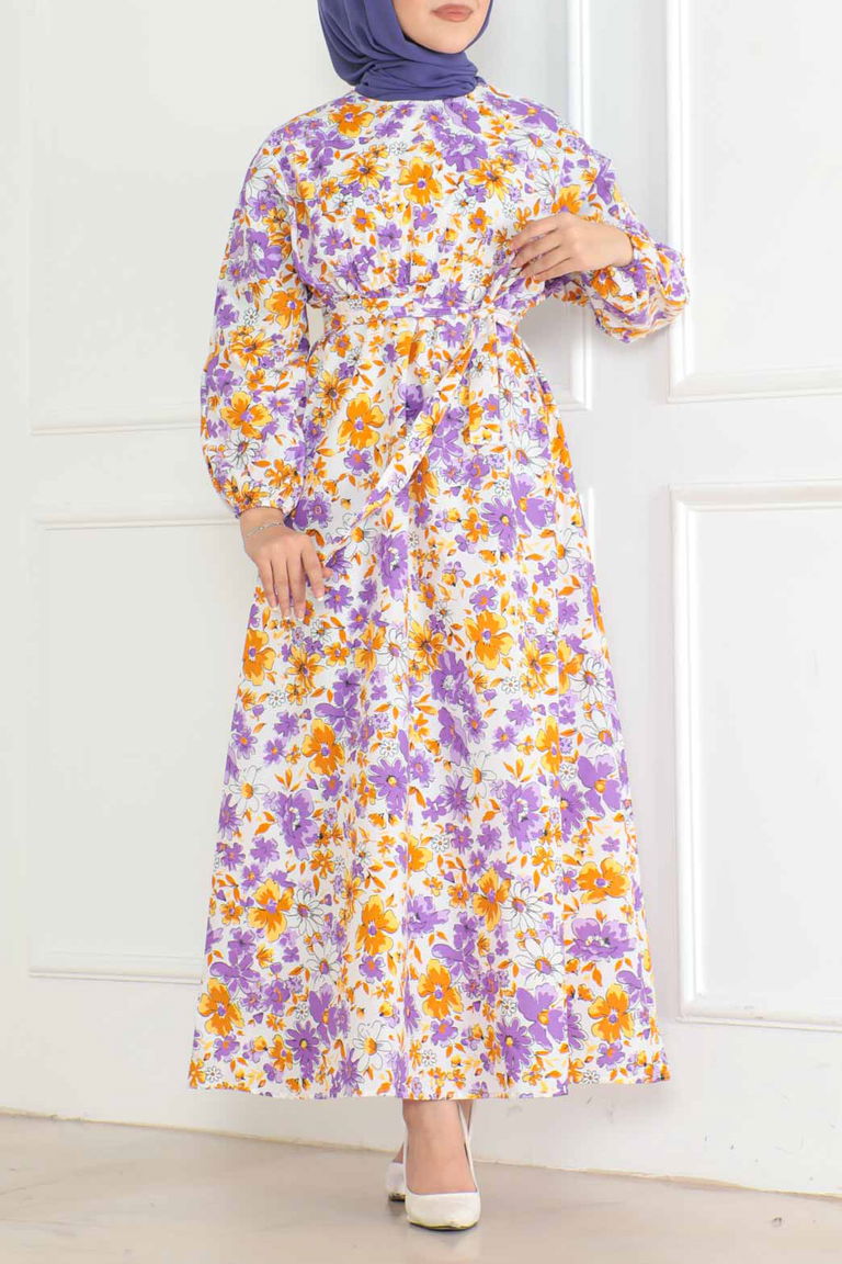 Düz Orta Kadın Lila Desenli Kolu Büzgülü Elbise - 26621 - TOFİSA