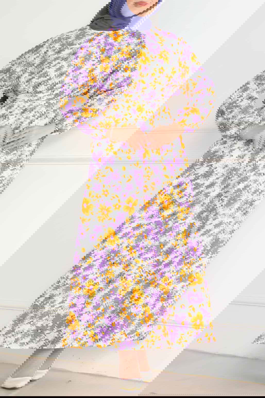 Düz Orta Kadın Lila Desenli Kolu Büzgülü Elbise - 26621 - 2