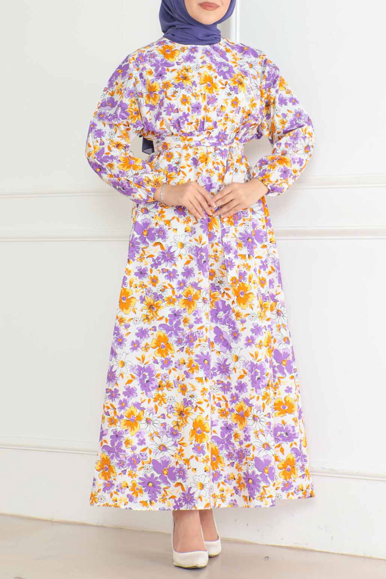 Düz Orta Kadın Lila Desenli Kolu Büzgülü Elbise - 26621 - TOFİSA