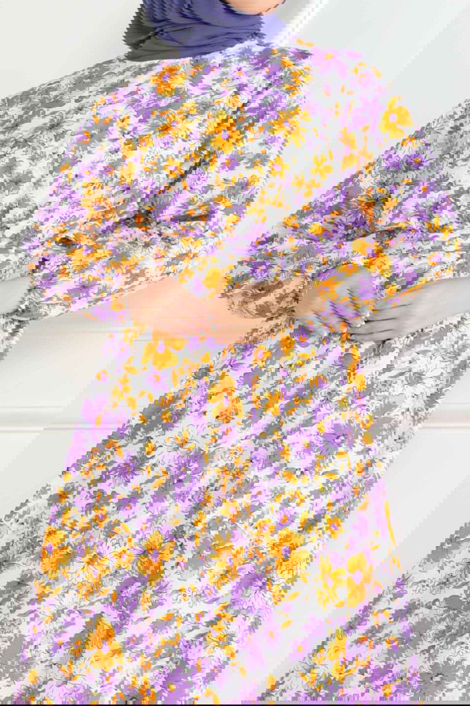 Düz Orta Kadın Lila Desenli Kolu Büzgülü Elbise - 26621 - 3