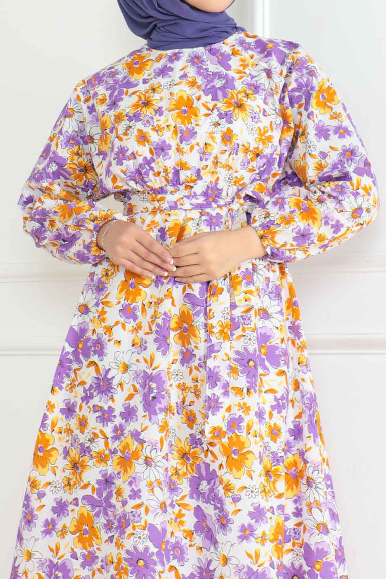 Düz Orta Kadın Lila Desenli Kolu Büzgülü Elbise - 26621 - TOFİSA