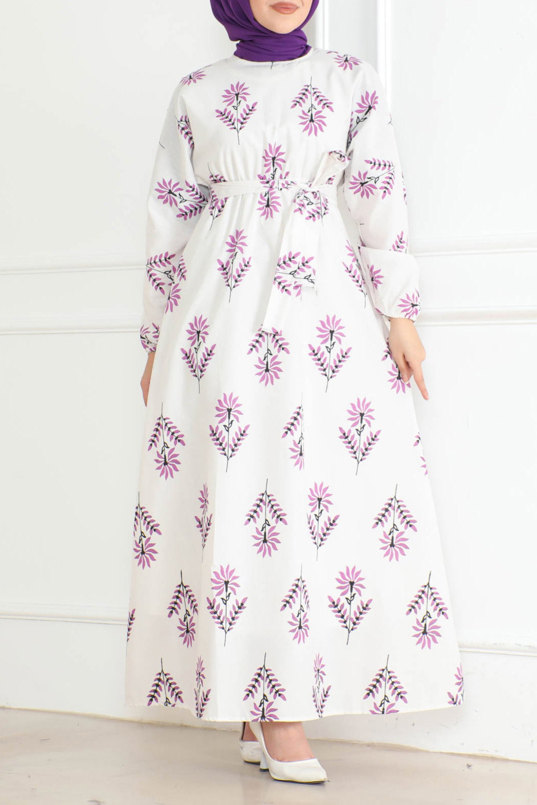 Desenli Kolu Büzgülü Elbise Lila - 26623 - 2