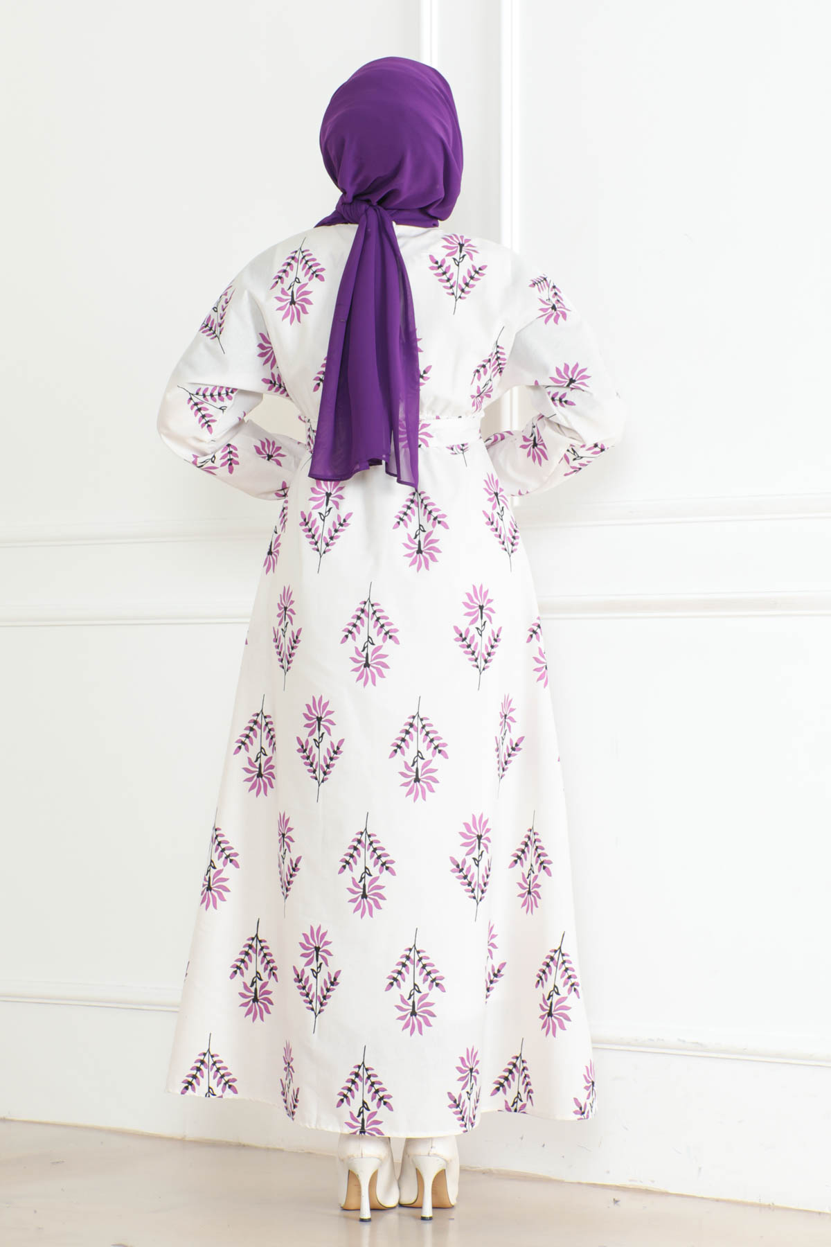 Desenli Kolu Büzgülü Elbise Lila - 26623 - 4