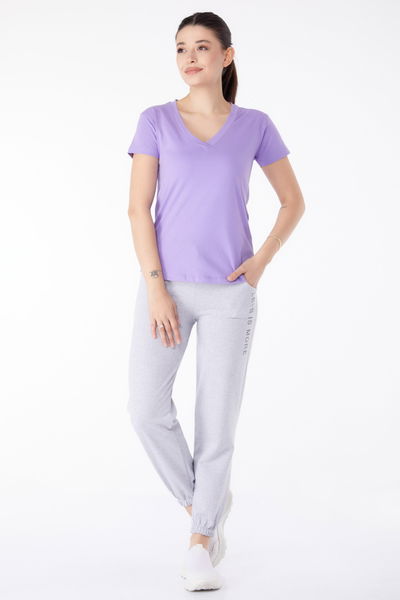 Düz Orta Kadın Lila V Yaka T-shirt - 25326 