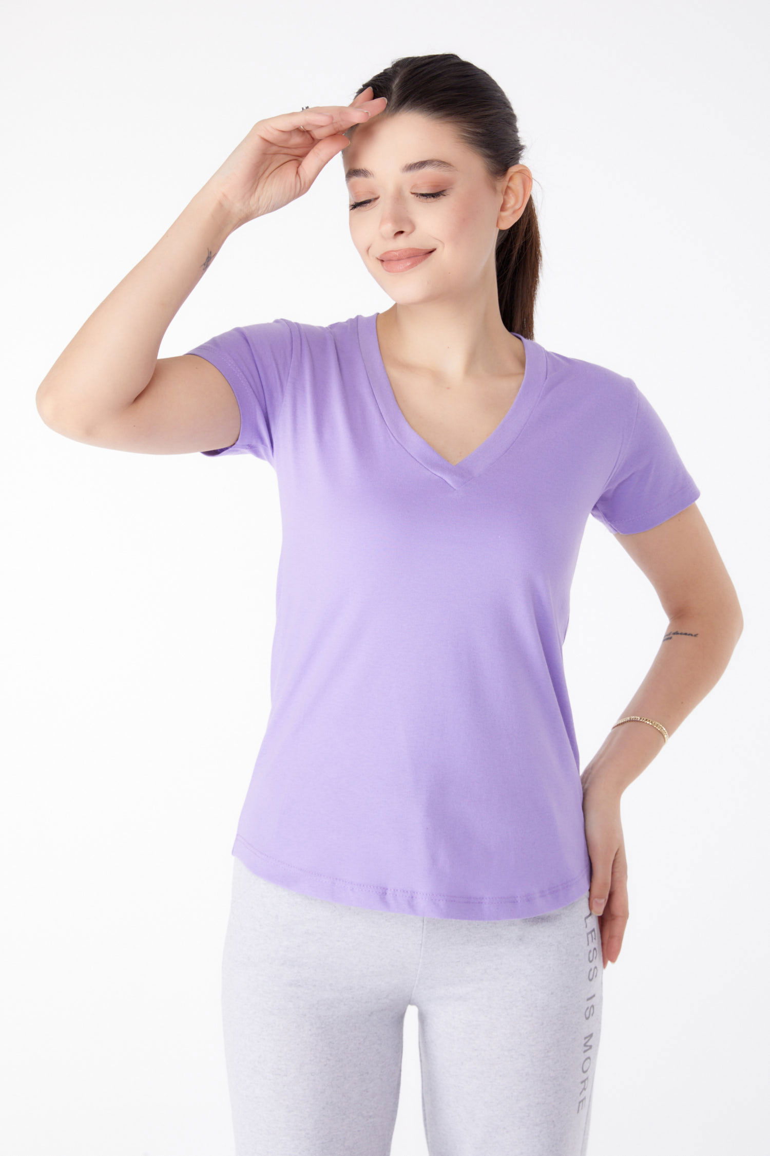 Düz Orta Kadın Lila V Yaka T-shirt - 25326 - 2