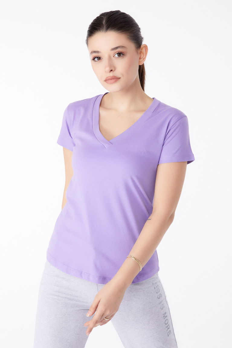 Düz Orta Kadın Lila V Yaka T-shirt - 25326 - TOFİSA