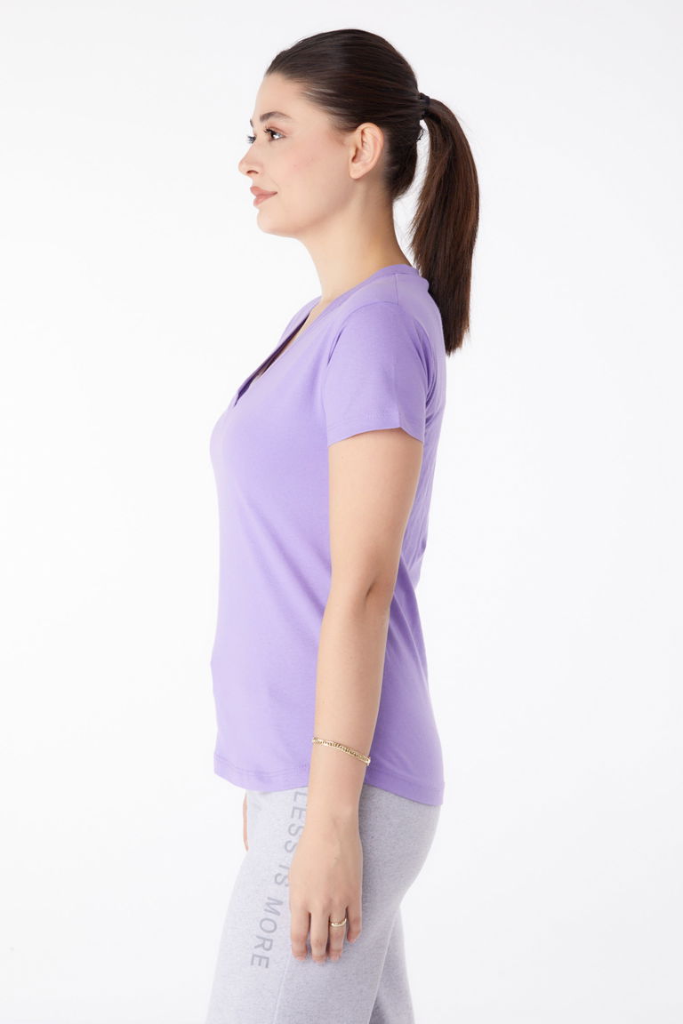 Düz Orta Kadın Lila V Yaka T-shirt - 25326 - TOFİSA