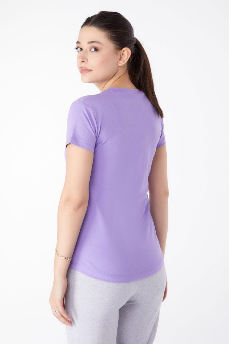 Düz Orta Kadın Lila V Yaka T-shirt - 25326 - TOFİSA