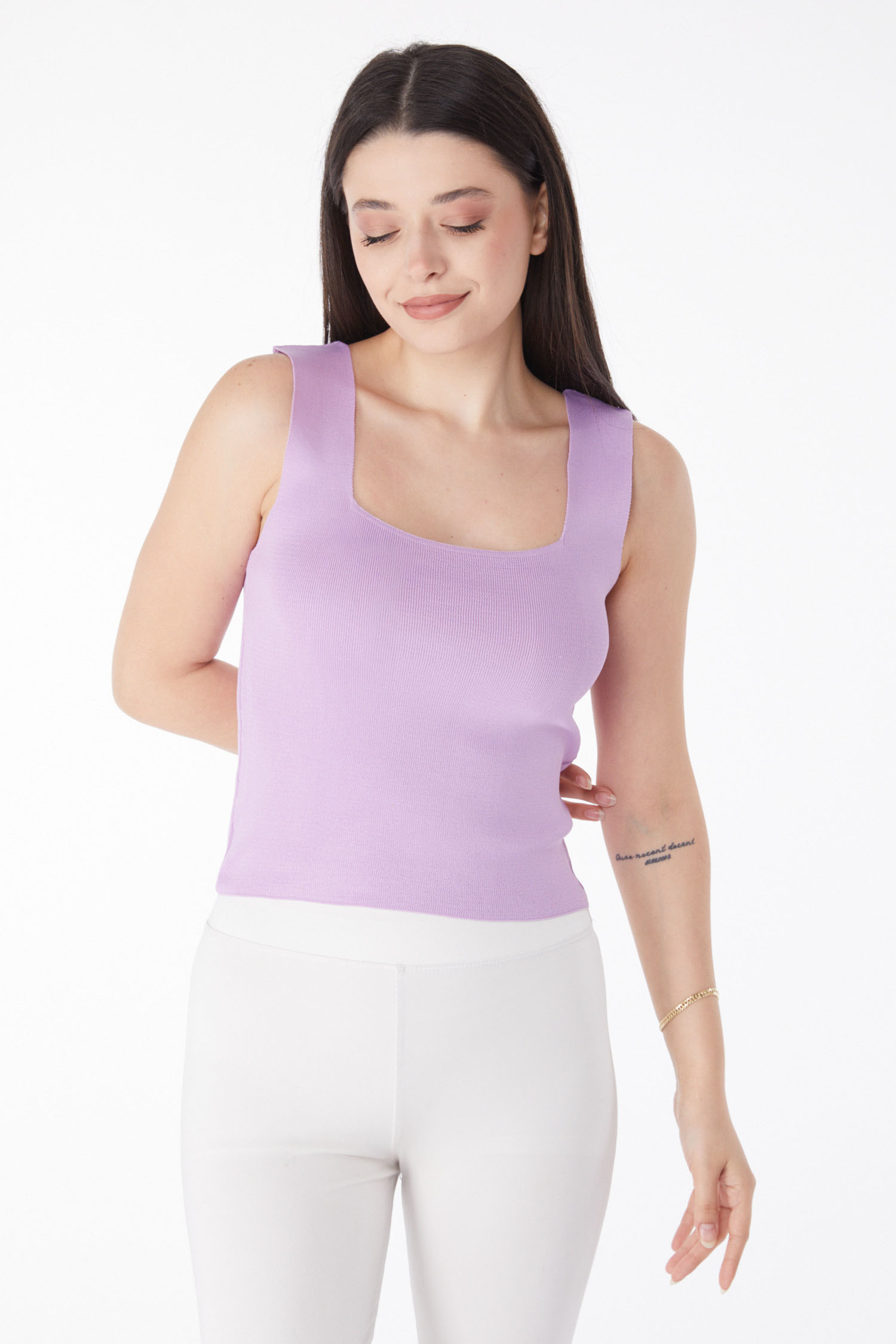 Düz Orta Kadın Lila Yazlık Triko Crop - 25220 - 3