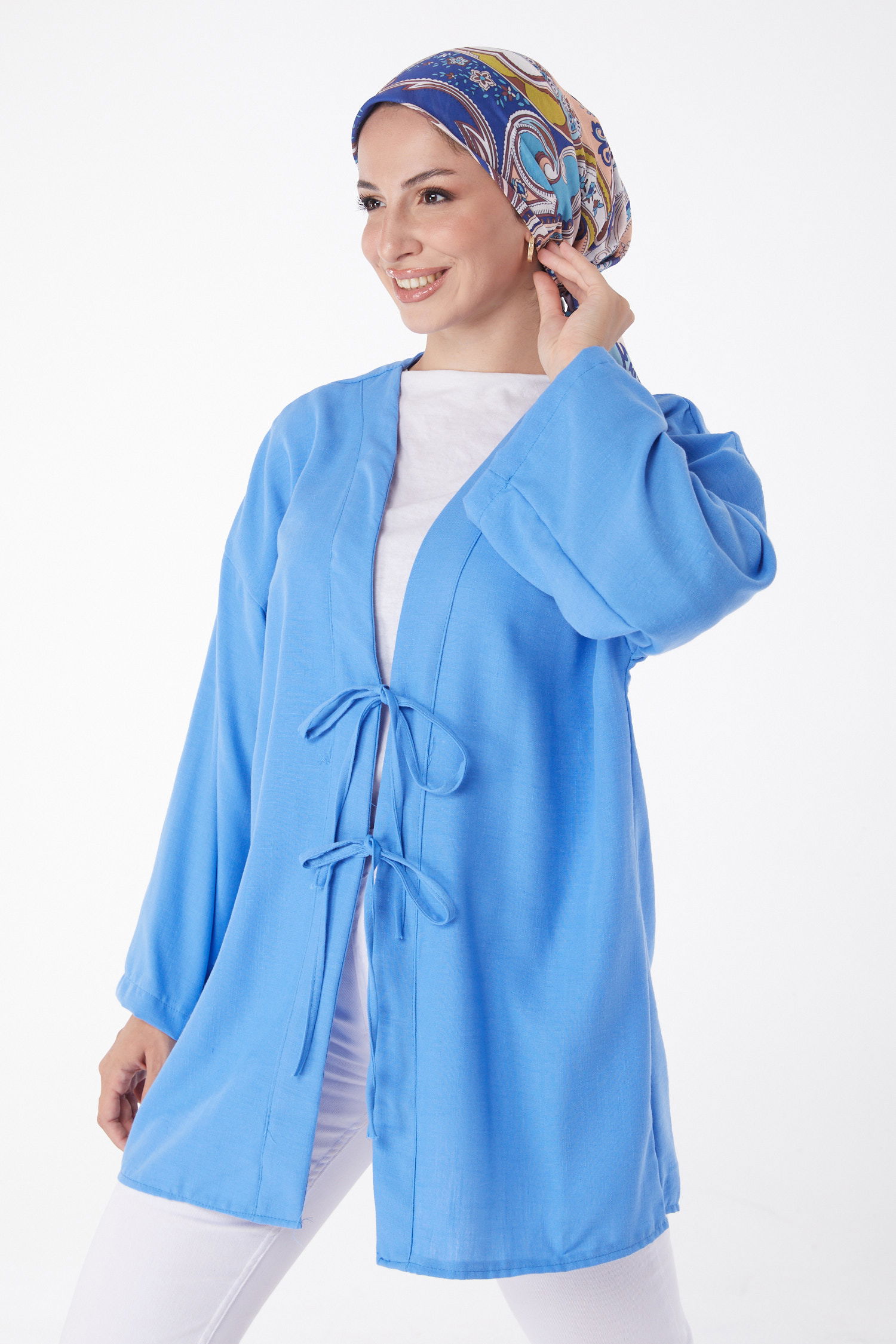 Düz Orta Kadın Mavi Bağcıklı Kimono - 26141 - 2