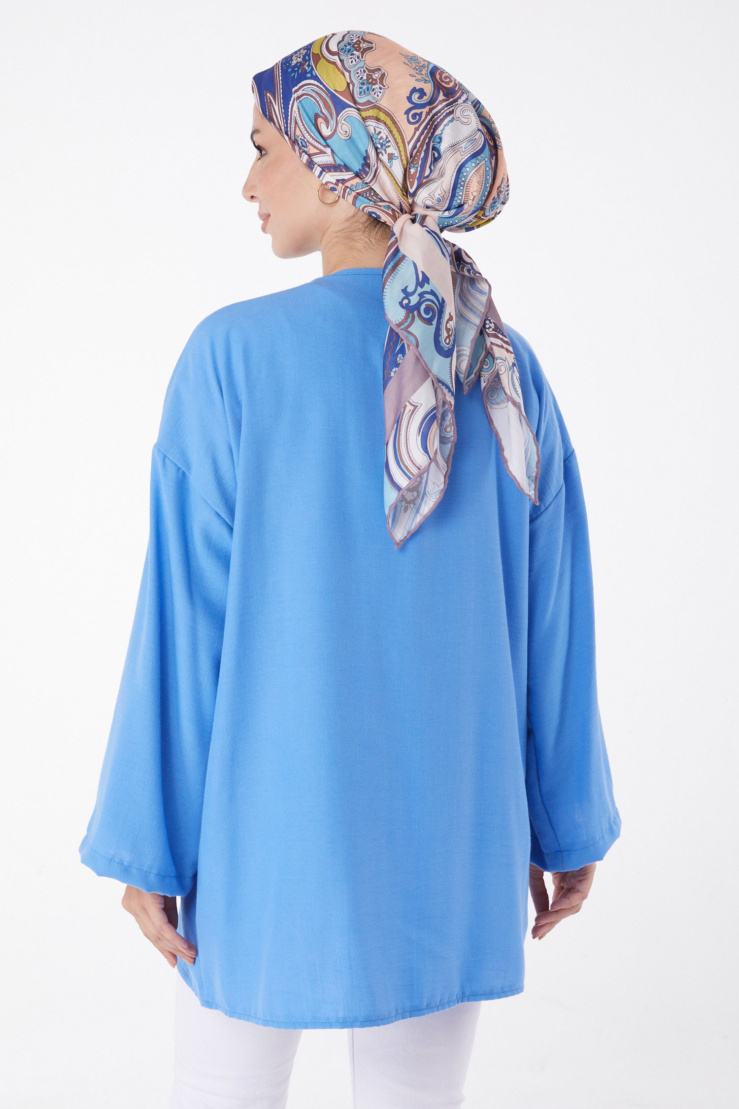 Düz Orta Kadın Mavi Bağcıklı Kimono - 26141 - 4