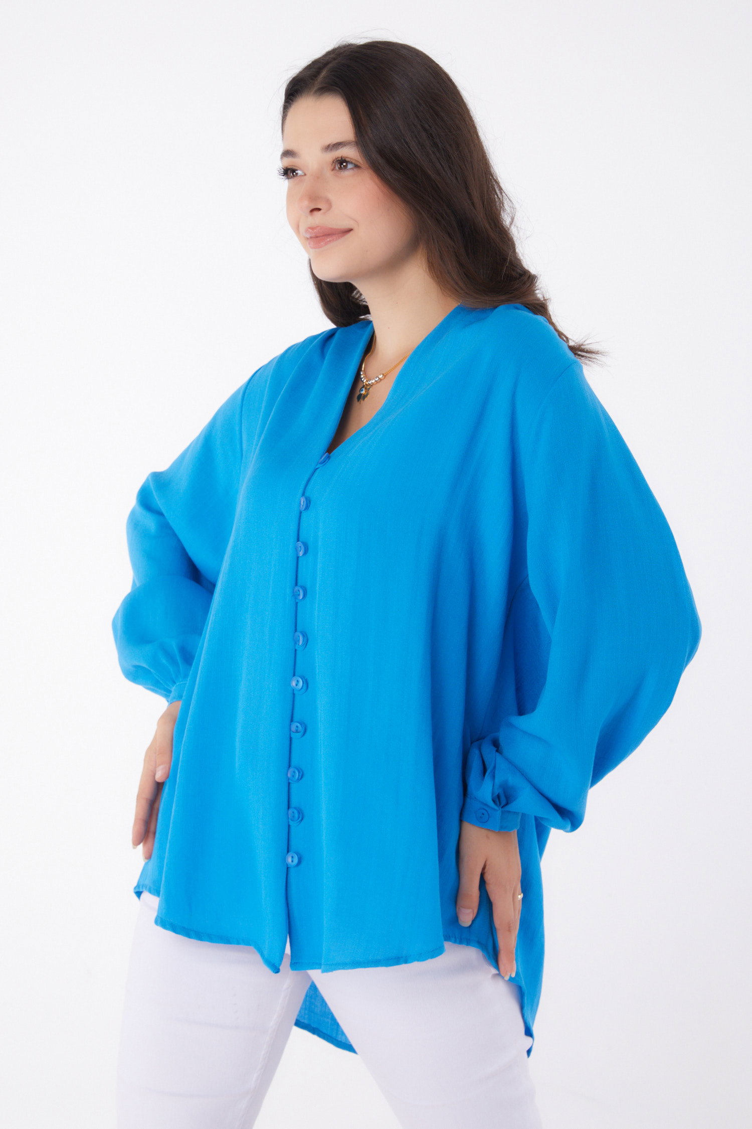 Brit Düğmeli Bluz Mavi - 26072 - 1