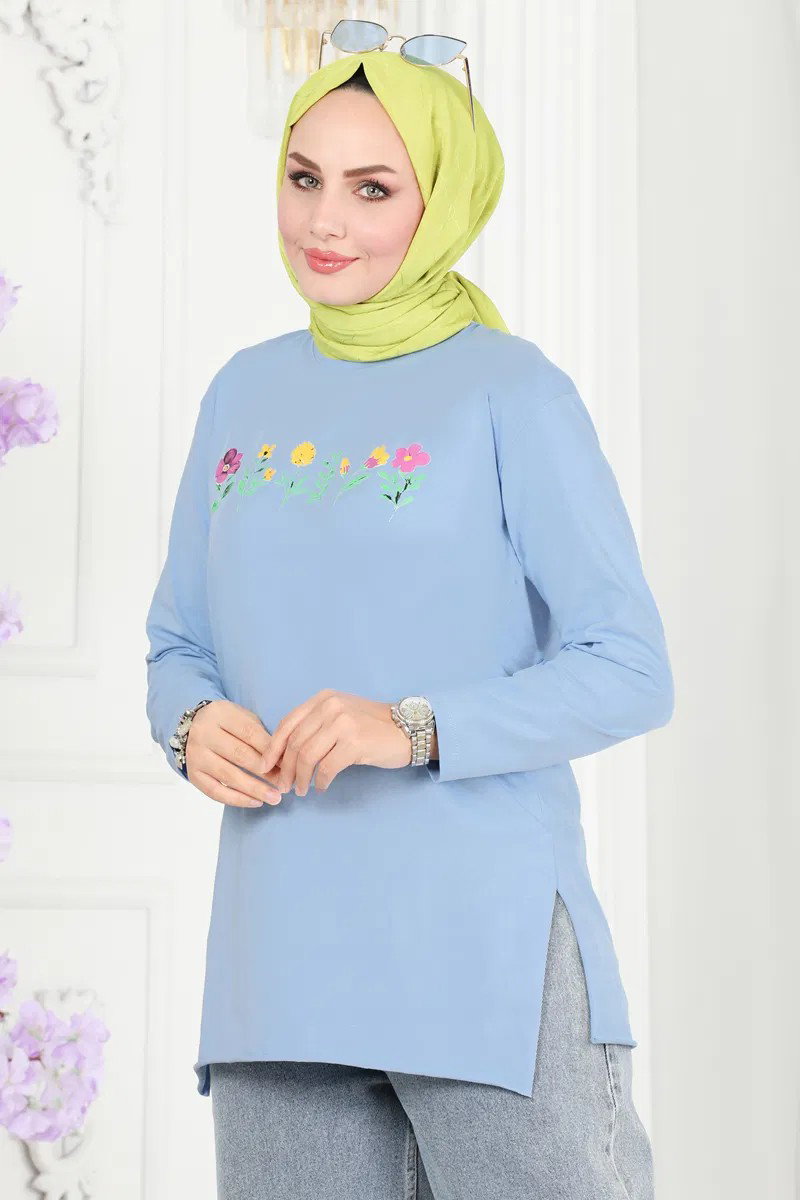 Kadın Bisiklet Yaka Çiçek Baskılı Tunik Mavi - 26628 - 1