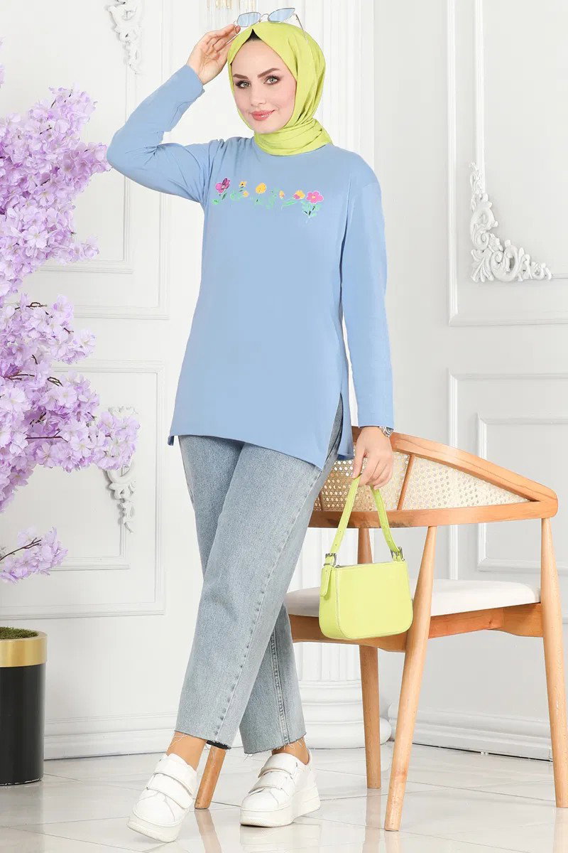 Kadın Bisiklet Yaka Çiçek Baskılı Tunik Mavi - 26628 - 2