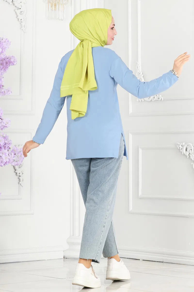 Kadın Bisiklet Yaka Çiçek Baskılı Tunik Mavi - 26628 - 3