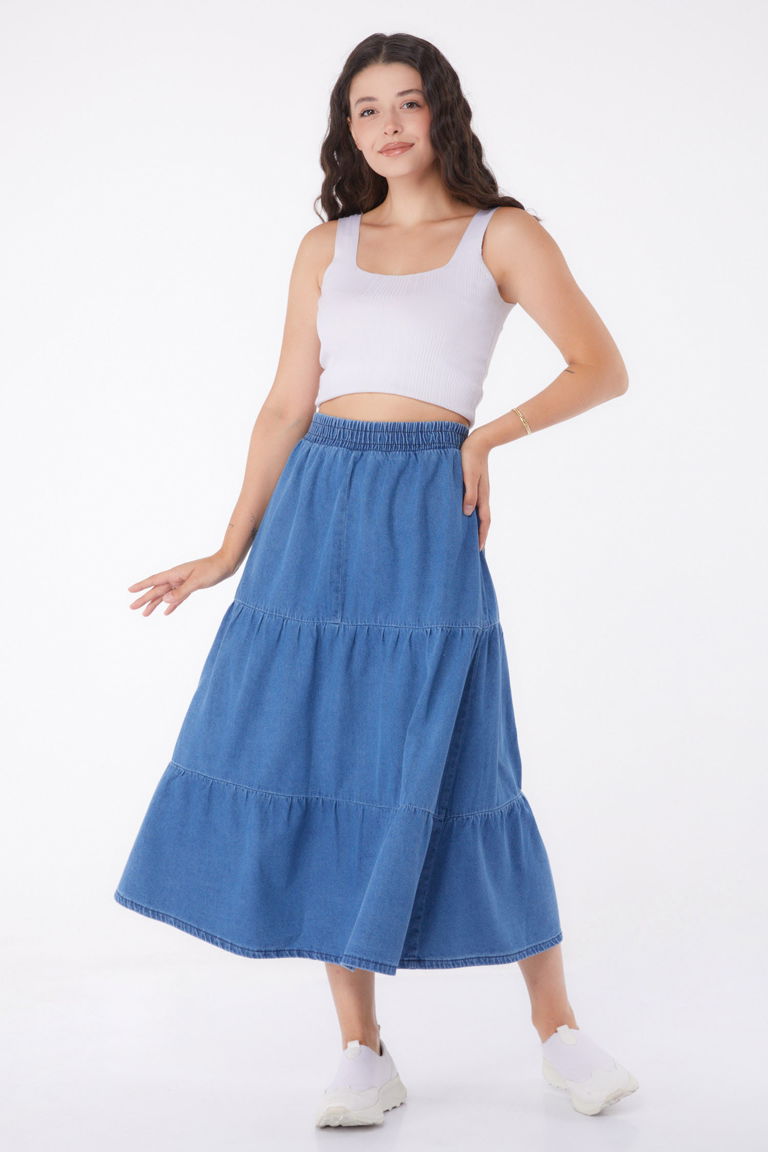 Düz Orta Kadın Mavi İnce Tensel Kot Etek - 25359 - TOFİSA