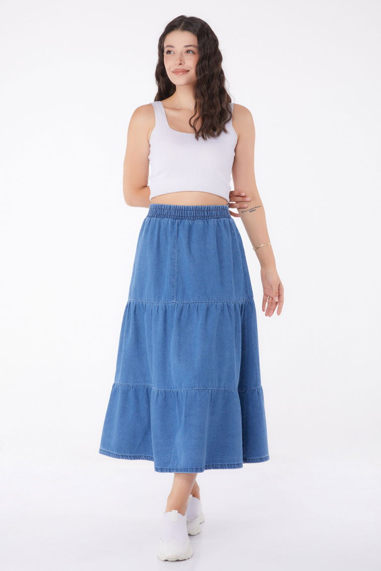 Düz Orta Kadın Mavi İnce Tensel Kot Etek - 25359 - TOFİSA