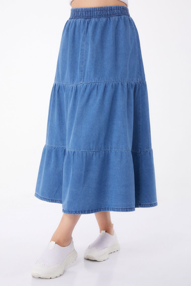 Düz Orta Kadın Mavi İnce Tensel Kot Etek - 25359 - TOFİSA