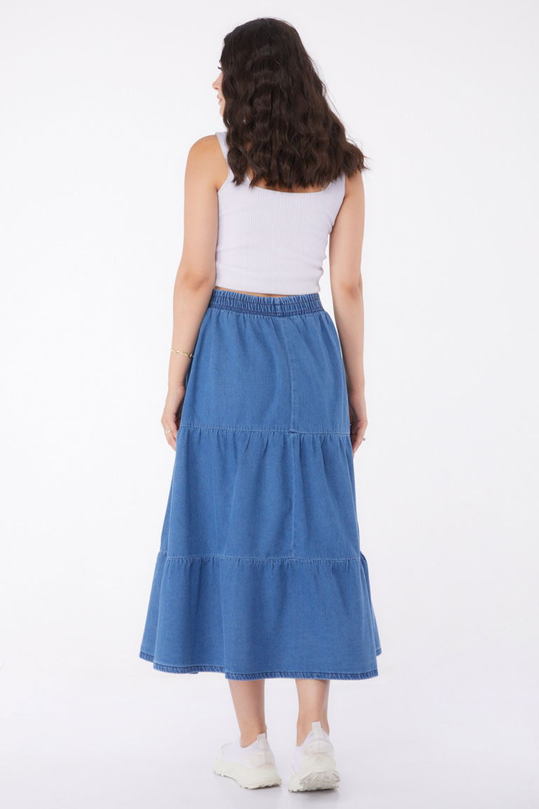 Düz Orta Kadın Mavi İnce Tensel Kot Etek - 25359 - TOFİSA