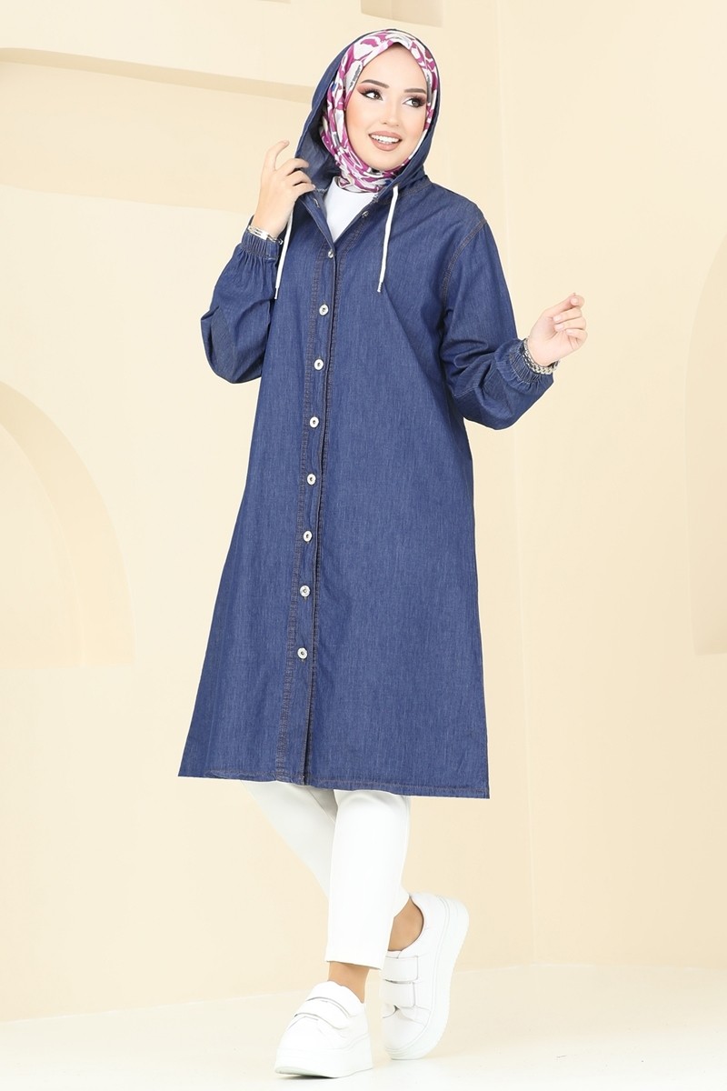 Kapüşonlu Düğmeli Denim Kap Mavi - 26644 - 1