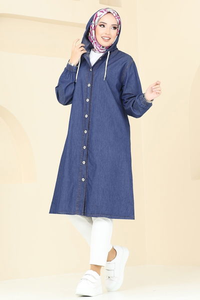Kapüşonlu Düğmeli Denim Kap Mavi - 26644 