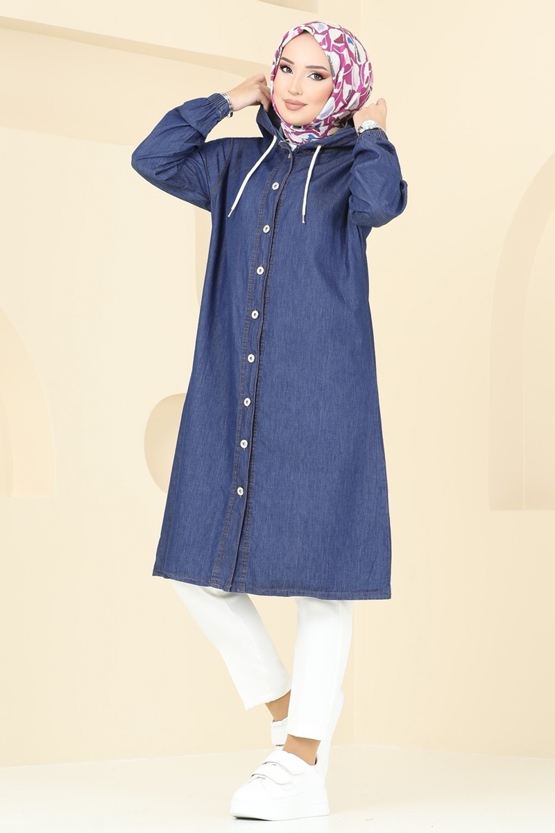Kapüşonlu Düğmeli Denim Kap Mavi - 26644 - 3