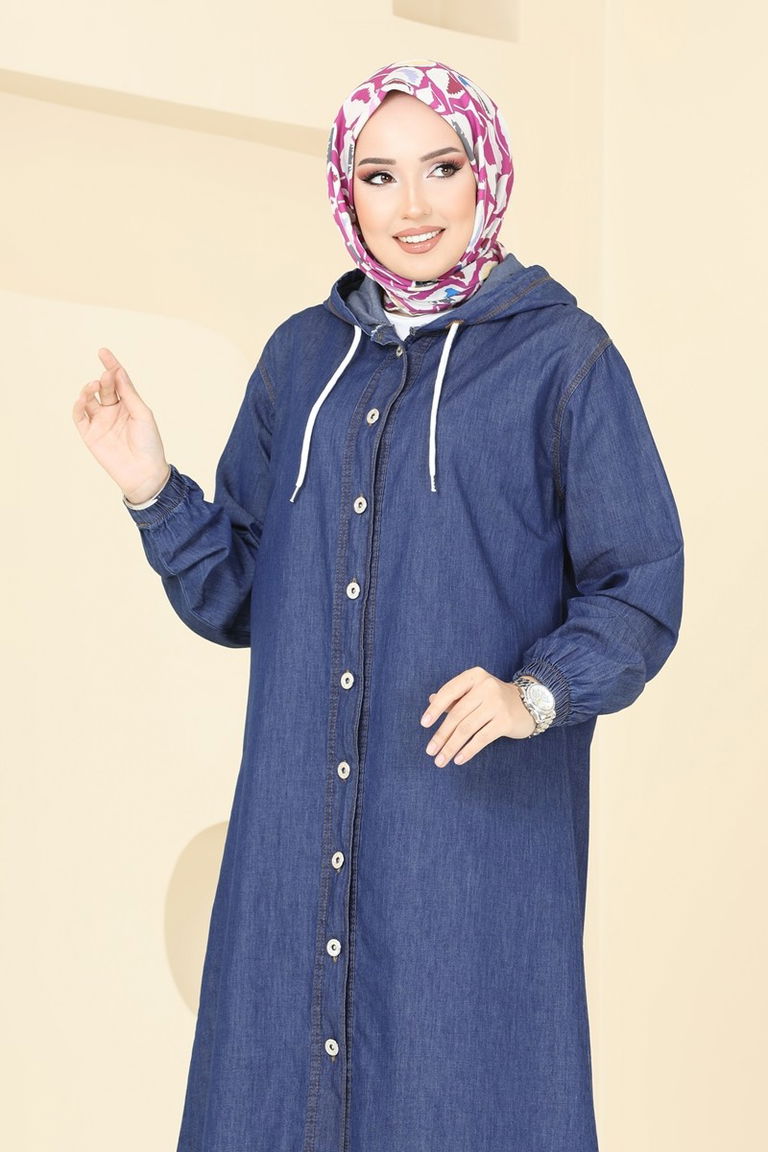 Kapüşonlu Düğmeli Denim Kap Mavi - 26644 - TOFİSA