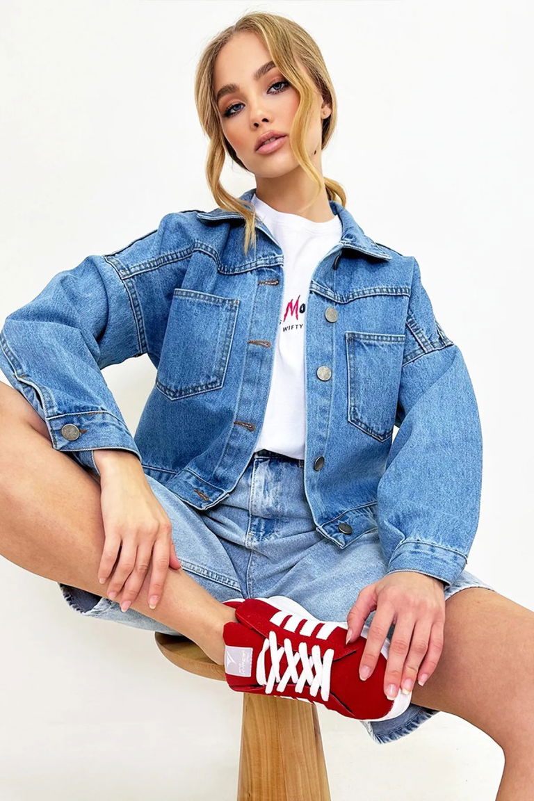 Kadın Çift Cepli Crop Kot Ceket Mavi - 26573 - TOFİSA