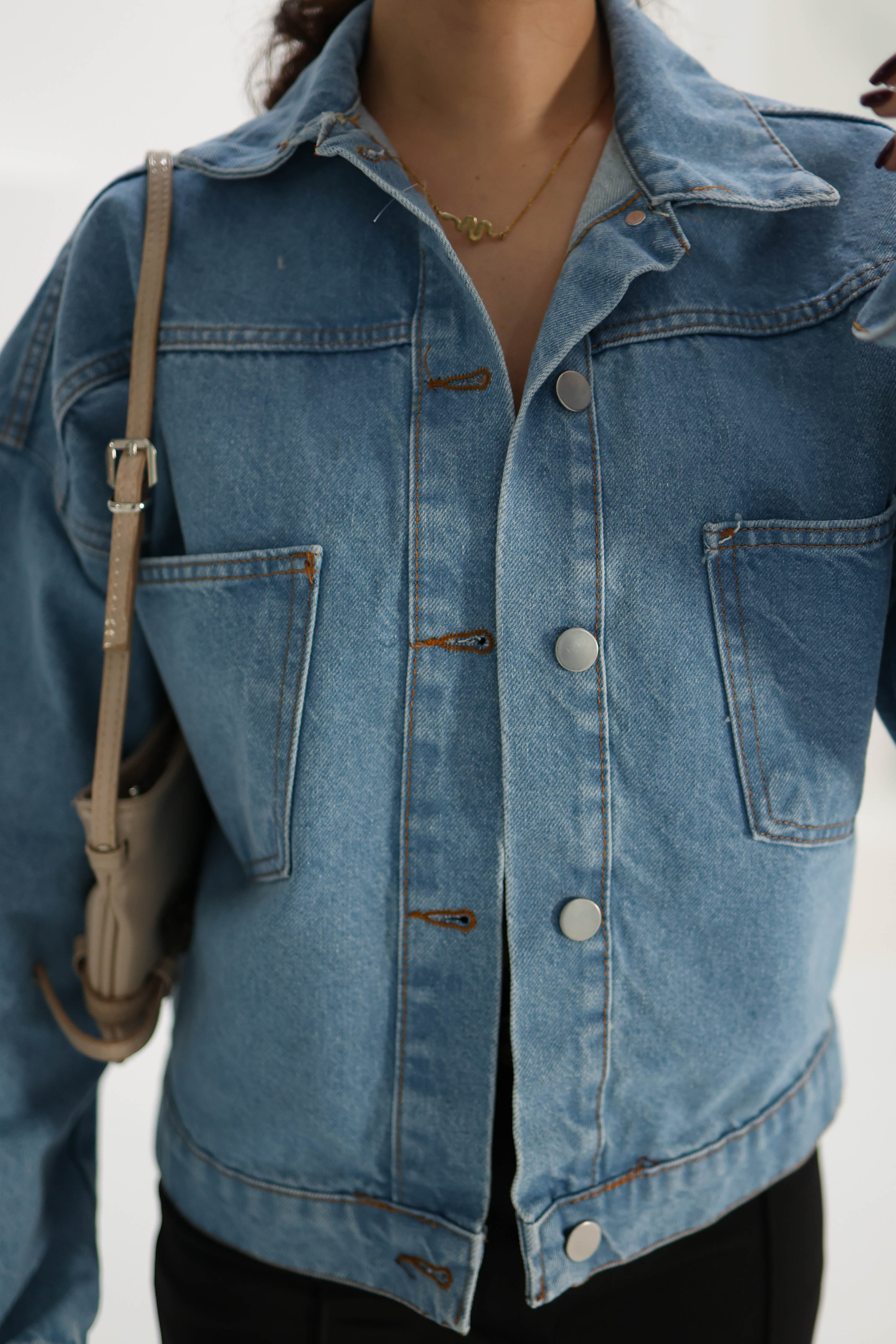 Kadın Çift Cepli Crop Kot Ceket Mavi - 26573 - 4