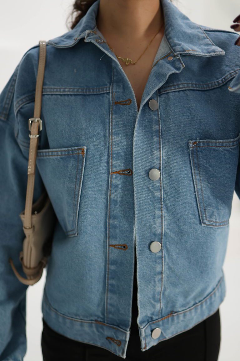 Kadın Çift Cepli Crop Kot Ceket Mavi - 26573 - TOFİSA