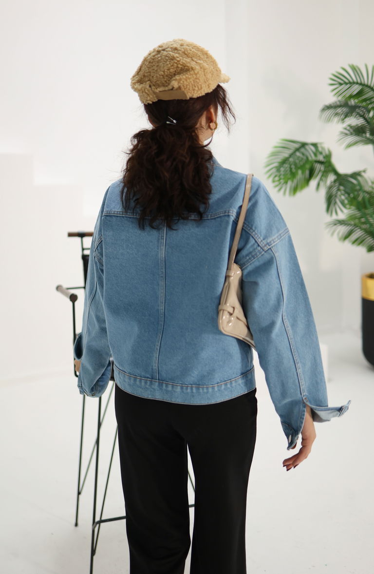 Kadın Çift Cepli Crop Kot Ceket Mavi - 26573 - TOFİSA