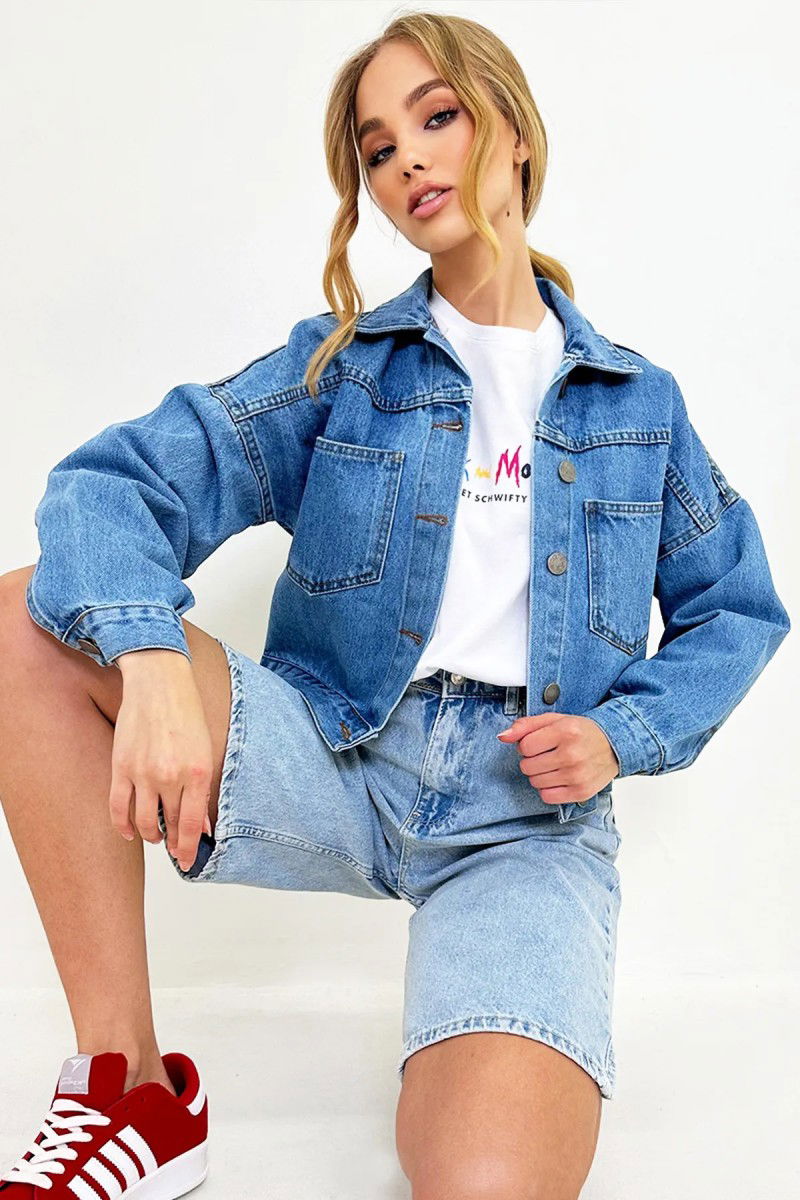 Kadın Çift Cepli Crop Kot Ceket Mavi - 26573 - 6