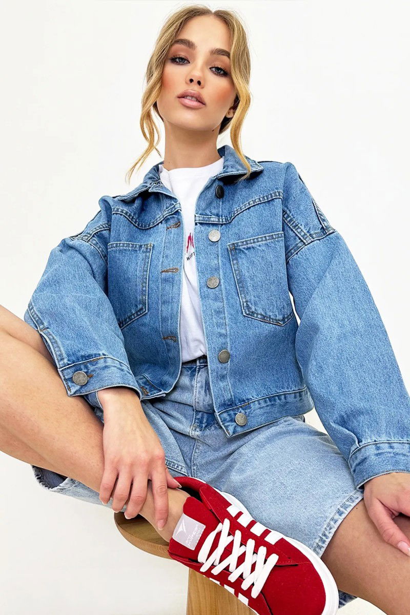 Kadın Çift Cepli Crop Kot Ceket Mavi - 26573 - 7