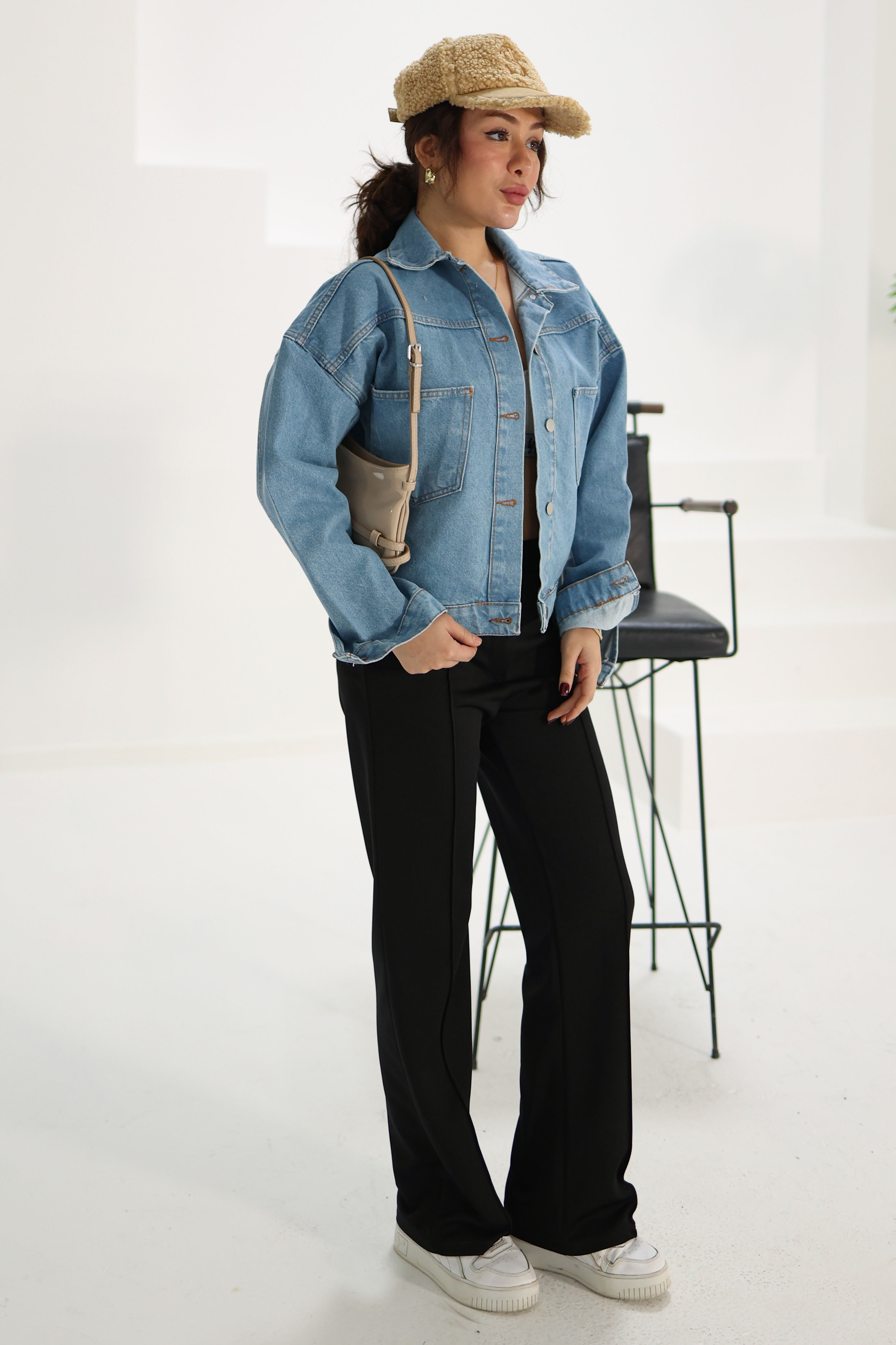 Kadın Çift Cepli Crop Kot Ceket Mavi - 26573 - 9