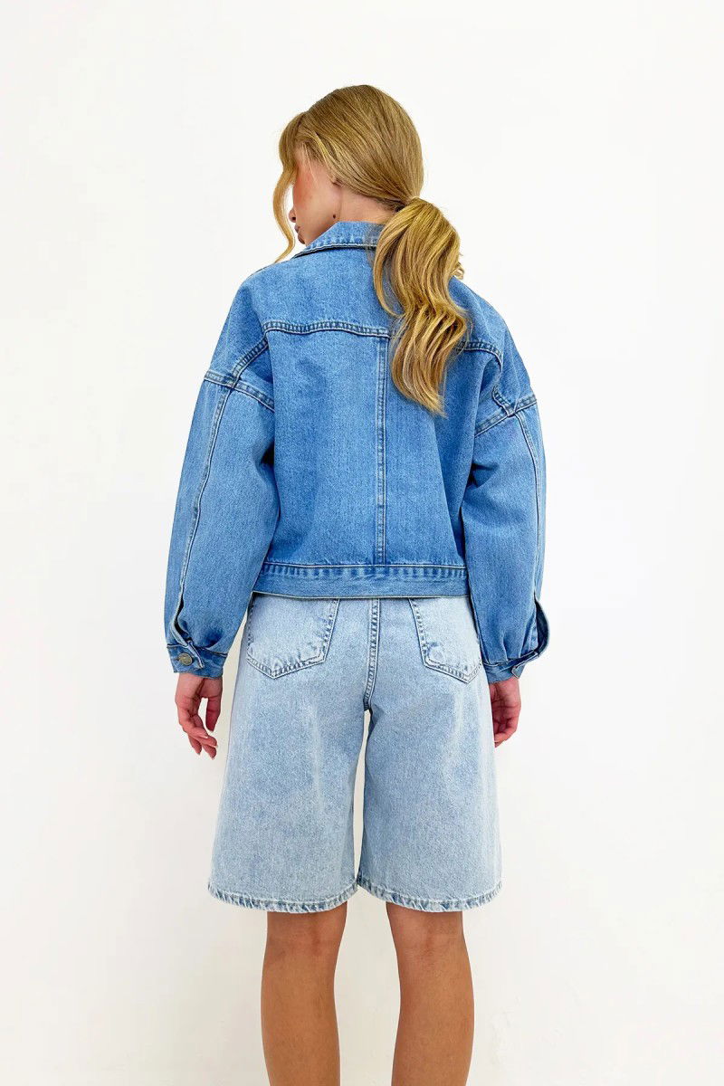 Kadın Çift Cepli Crop Kot Ceket Mavi - 26573 - 10