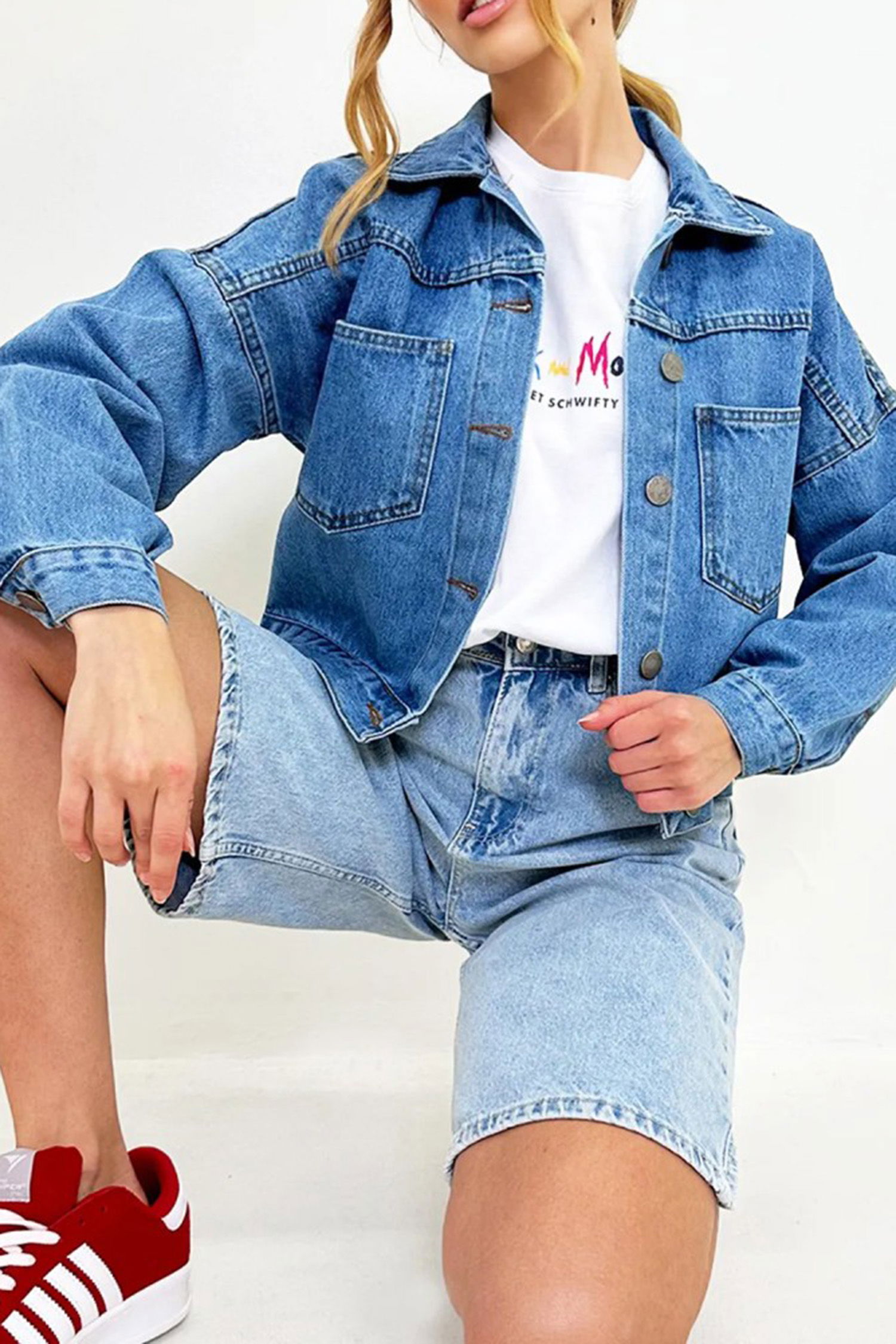 Kadın Çift Cepli Crop Kot Ceket Mavi - 26573 - 12