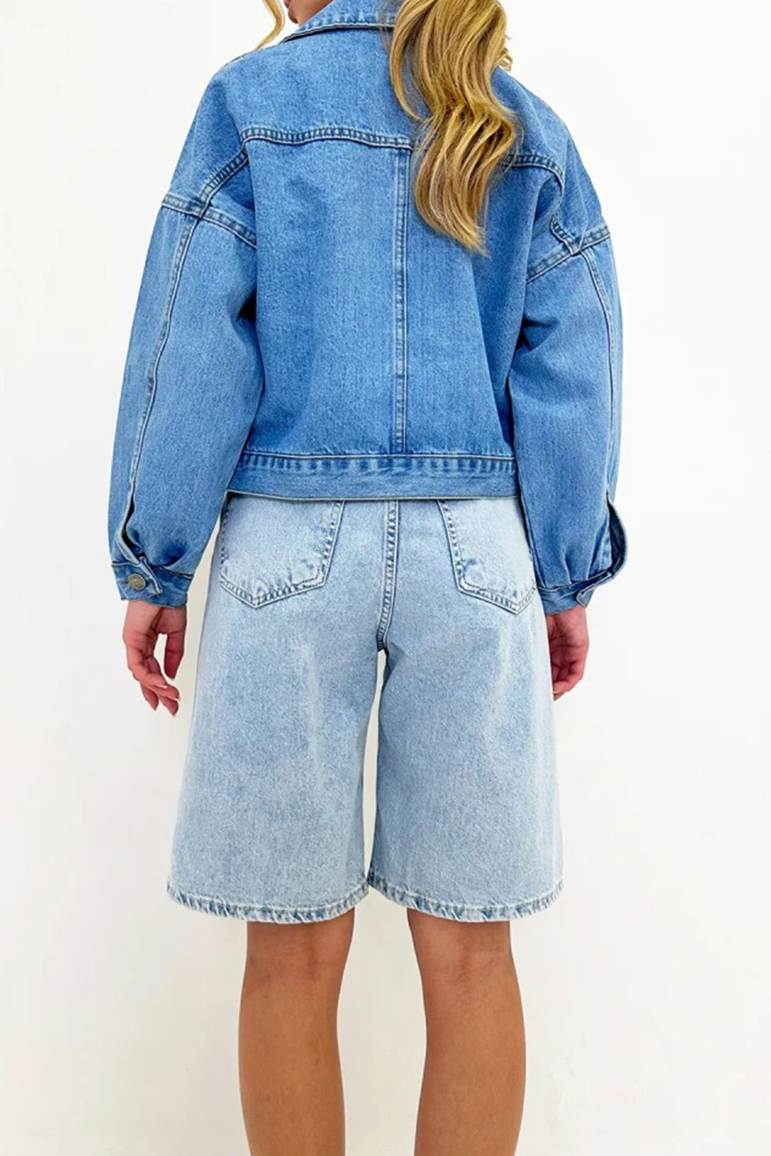 Kadın Çift Cepli Crop Kot Ceket Mavi - 26573 - 13