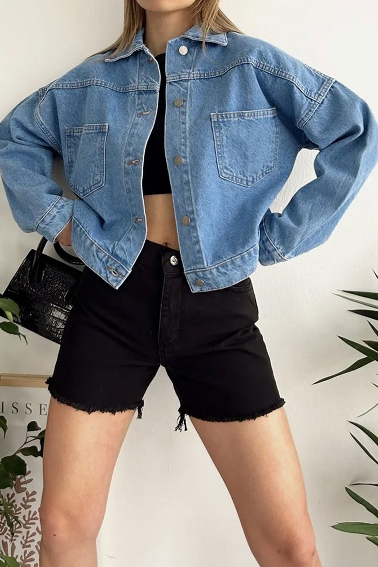 Kadın Çift Cepli Crop Kot Ceket Mavi - 26573 - 15