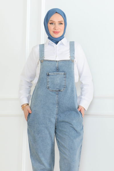 Düz Orta Kadın Mavi Kot Bahçıvan Tulum - 26608 